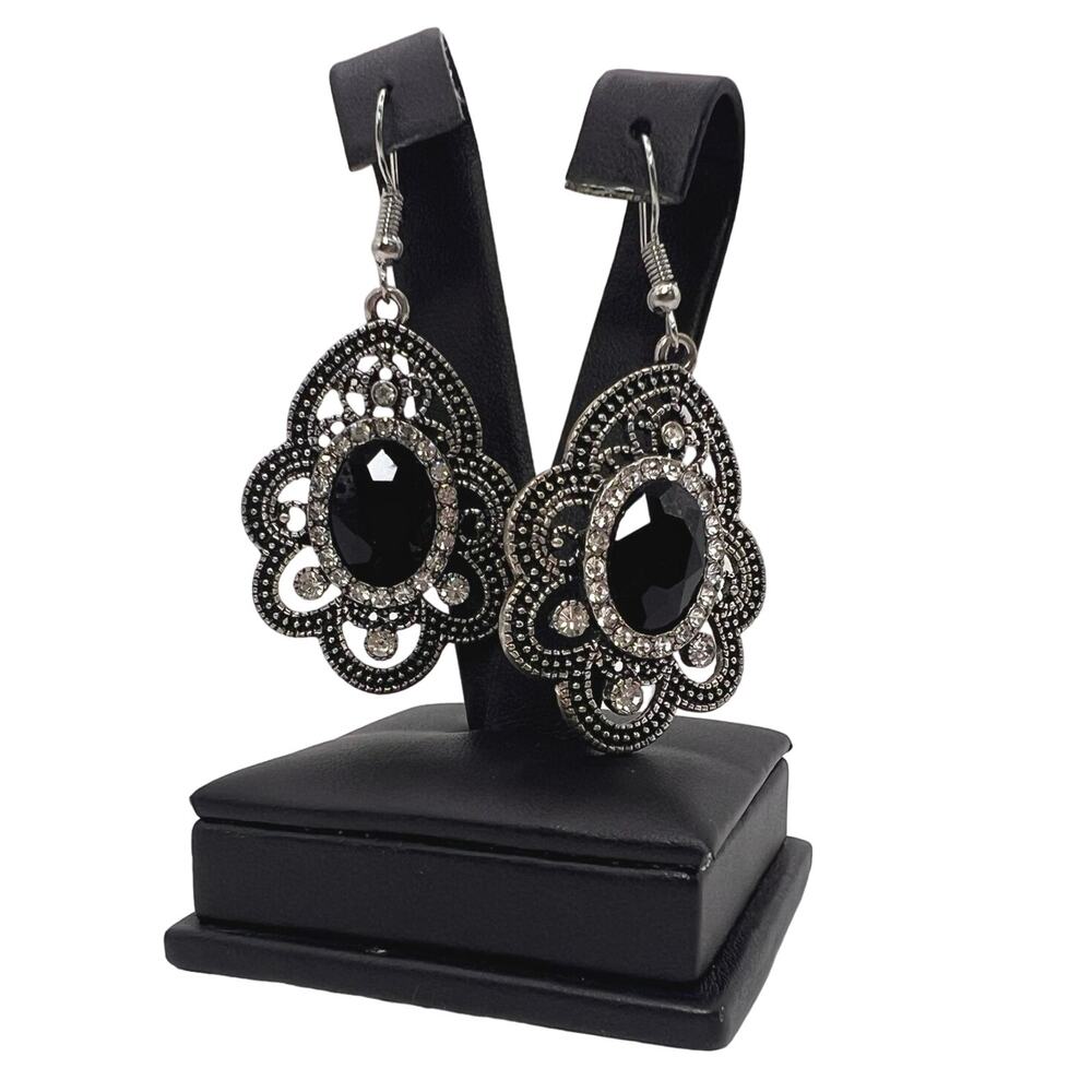 Reign the Crown Gothic Dangle Earrings Black Jewel Antique Silver Tone